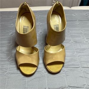 Jimmy Choo Elegant Tan Peep-Toe Heels, US7,5